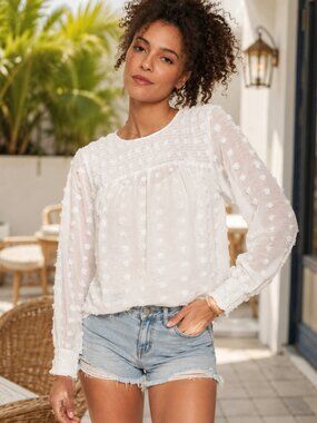 Mystree White Swiss Dot Smocked Yoke Blouse Sheer Long Sleeve Boho Top